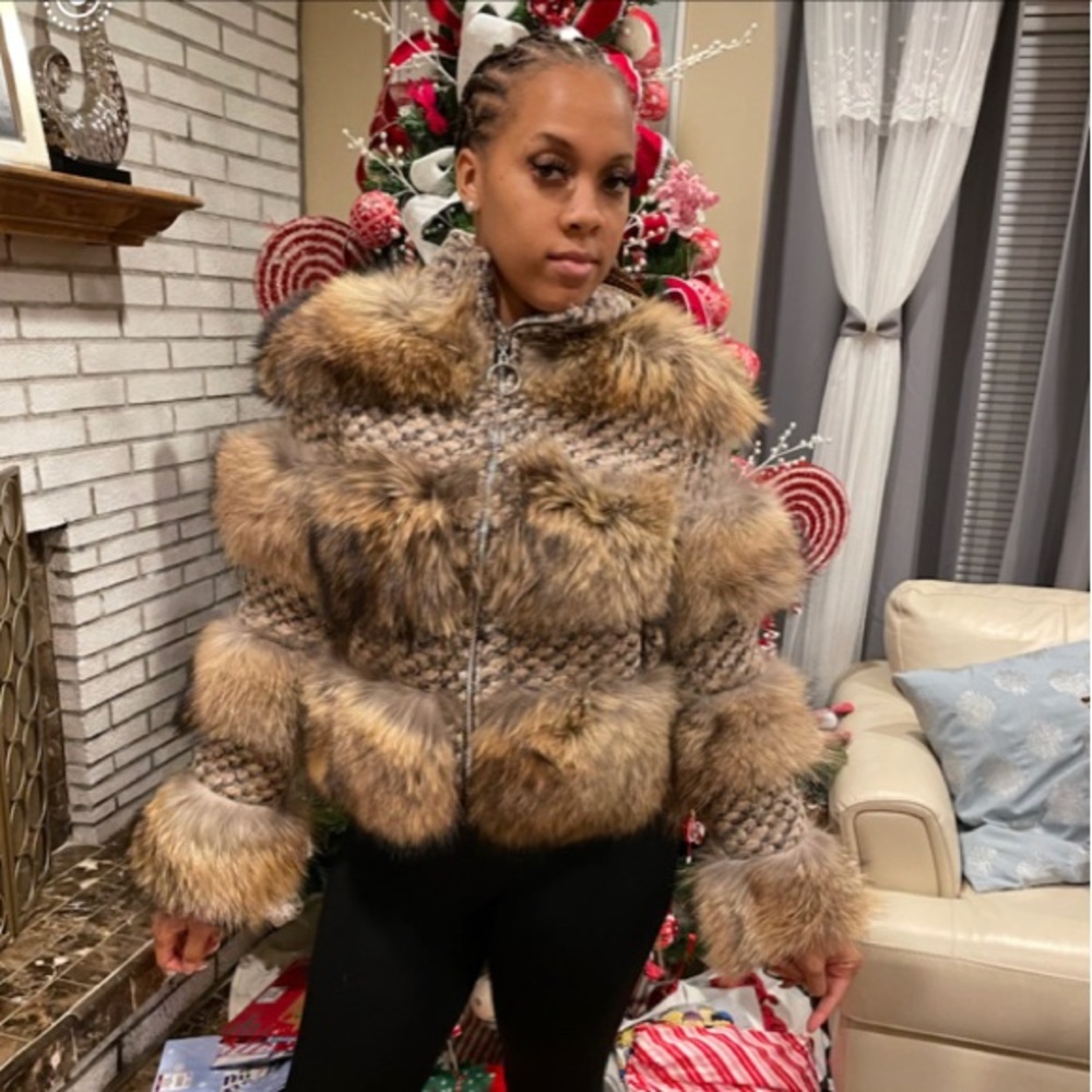Brown/Tan wool tweed vegan fur jacket.